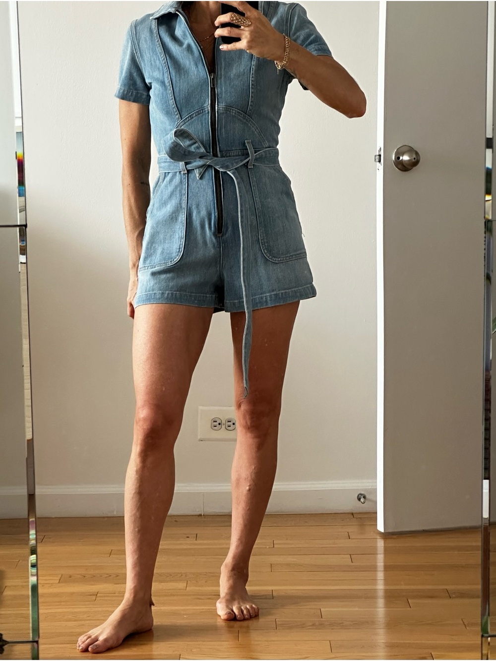 Alice + Olivia Light Blue Denim Short Sleeve Zip Romper